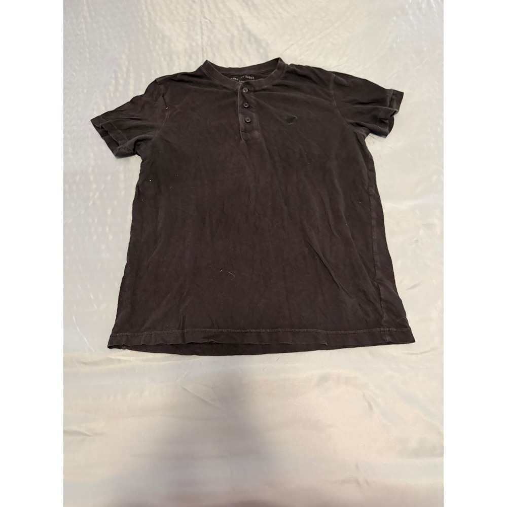 American Eagle Mens Henley Shirt Medium Black Short Sleeve Cotton Standard Fit
